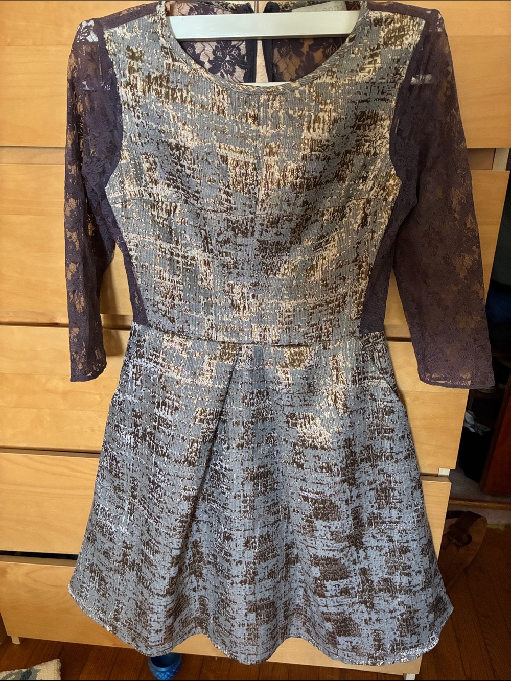 Gray and Brown Lace-Sleeve Fit & Flare Dress